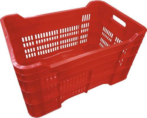 Červená plastová transportní bedna s úchyty a štěrbinami