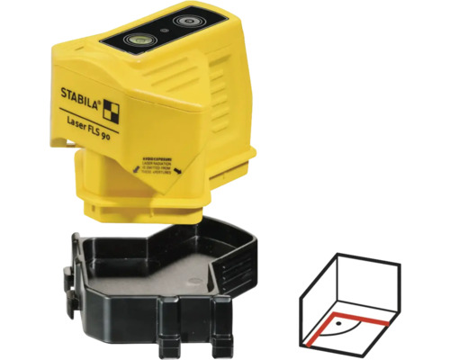 Stabila Laser FLS 90 se základnou a schematickým znázorněním oblasti použití