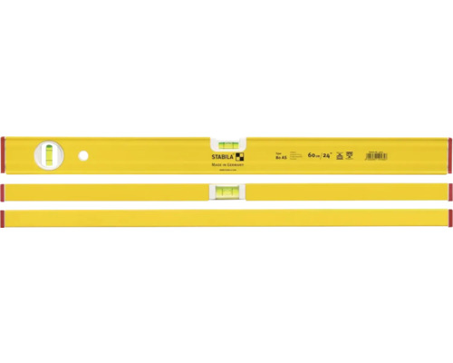 Žlutá vodováha se třemi ukazateli pro horizontální a vertikální vyrovnání