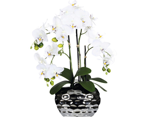 Umělá květina orchidej phalaenopsis 4 výhony 55 cm bílá v oválné stříbrné váze 20x11x13 cm