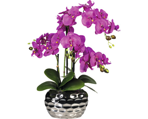 Umělá květina orchidej phalaenopsis 4 výhony 55 cm fialová v oválné stříbrné váze 20x11x13 cm