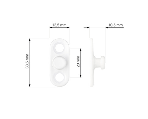 Bílé upevnění s rozměry 33,5 mm délka, 13,5 mm šířka, 20 mm střední díl a 10,5 mm hloubka.