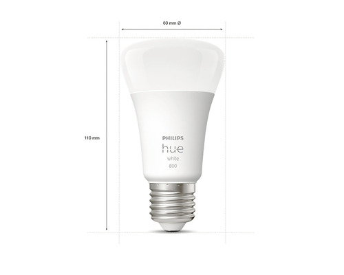 Žárovka Philips Hue o rozměrech 110 mm na výšku a 60 mm v průměru.