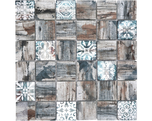 Skleněná mozaika XCM Wood 900 čtvercová Crystal mix grey/brown/green 29,8x29,8cm
