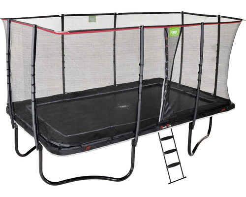 Obdélníková zahradní trampolína se zabezpečovací sítí a žebříkem