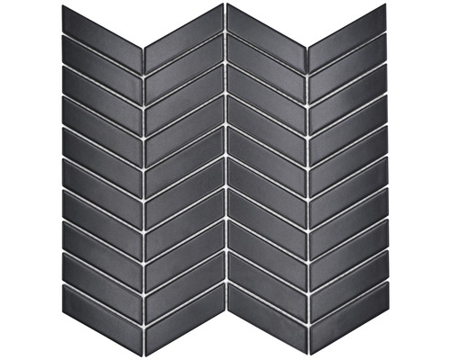 Keramická mozaika CHEV 29 Chevron uni černá matná 28,85x30,25cm Tmavá mozaiková dlaždice ve vzoru rybí kosti pro design stěn a podlah.