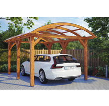 Auto pod dřevěným přístřeškem s průhlednou střechou