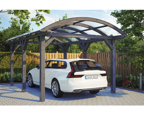 Přístřešek na auto SKAN HOLZ Franken, vč. kotev na sloupky, 376 x 541 cm břidlice Dřevěný přístřešek pro auto s průhlednou střechou a parkujícím autem pod ním