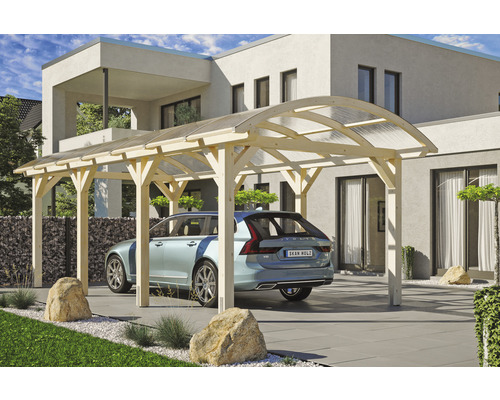 Přístřešek na auto SKAN HOLZ Franken, vč. kotvy pro sloupek 376 x 755 cm přírodní Dřevěný přístřešek pro auto se zakřivenou, průsvitnou střechou a zaparkovaným autem