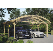 Dvojitý dřevěný carport se dvěma zaparkovanými auty