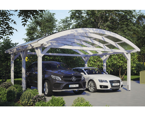 Přístřešek na auto dvojitý SKAN HOLZ Franken včetně kotvy na sloupek 635 x 541 cm bílá Dvojitý dřevěný přístřešek pro auto se dvěma auty