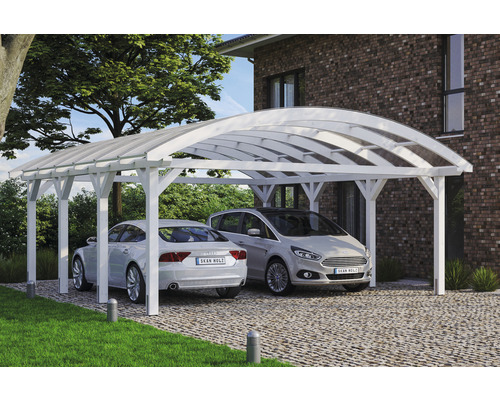 Přístřešek na auto dvojitý SKAN HOLZ Franken včetně kotev na sloupek 635 x 755 cm bílý Dva automobily pod bílým carportem s průhlednou střechou před domem.