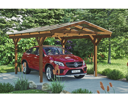 Přístřešek na auto SKAN HOLZ Westerwald vč. kotev na sloupky, 362 x 541 cm, ořech Dřevěný přístřešek pro auto s autem pod ním