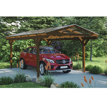 Dřevěný přístřešek pro auto s průhlednou střechou a červeným autem