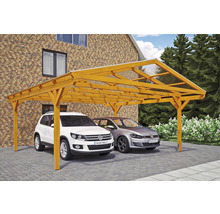 Dřevěný dvojitý carport se dvěma zaparkovanými auty