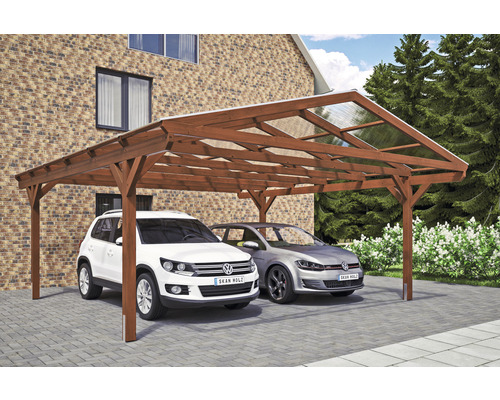 Přístřešek na auto dvojitý SKAN HOLZ Westerwald včetně kotev pro sloupky, 570 x 648 cm, ořech Dvojitý dřevěný přístřešek pro auto se dvěma zaparkovanými auty