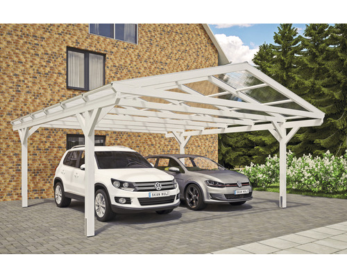 Přístřešek na auto dvojitý SKAN HOLZ Westerwald, včetně kotev na sloupek, 570 x 648 cm, bílý Dřevěný dvojitý carport se dvěma auty