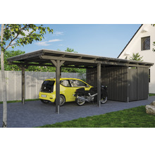 Dřevěný carport s úložným prostorem, pod ním auto a motorka