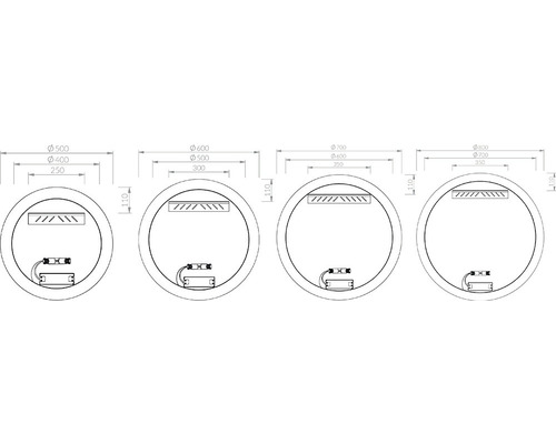 Technický výkres kulatých zrcadel v různých velikostech