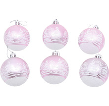 Šest růžových vánočních koulí se zimním motivem