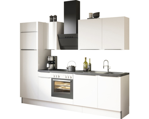 Kuchyňská linka s horními skříňkami, digestoří a elektrospotřebiči.