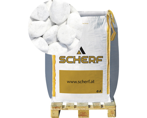 Štěrk mramorový kararský 25–40 mm bílý big bag 1000 kg Dekorativní štěrk v pytli na paletě s logem Schärf.