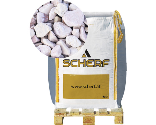 Štěrk vápencový 20–30 mm pestrá červená big bag 1000 kg Big Bag okrasného štěrku na paletě s detailním záběrem oblázků