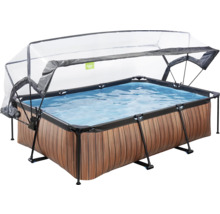 Obdélníkový bazén s dřevěným obkladem a průhledným krytem