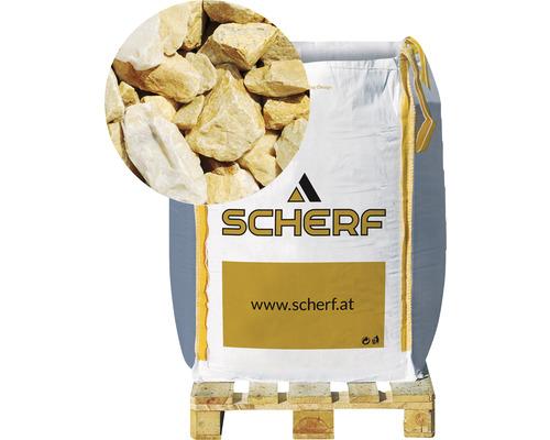 Kamenná drť mramorová 16–25 mm zlatý okr big bag 1000 kg Pytel s okrasnou drtí na paletě, logo Schärf