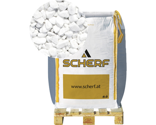 Štěrk mramorový kararský 5–12 mm bílý big bag 1000 kg Pytel s bílými okrasnými oblázky na paletě, detailní pohled na oblázky, logo Scherf