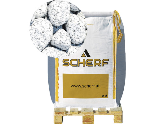 Štěrk žulový 25–50 mm sůl a pepř big bag 1000 kg Pytel s okrasným štěrkem na paletě s detailním záběrem kamenů