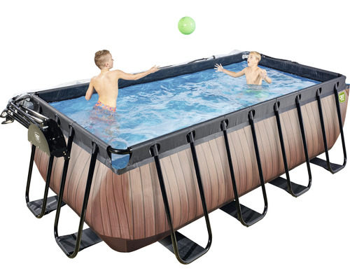 Obdélníkový rámový bazén s designem dřeva a hrajícími si dětmi ve vodě