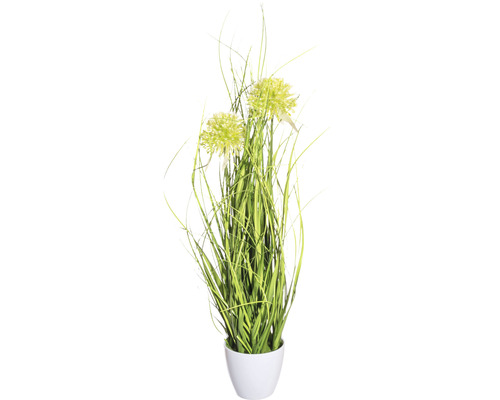 Umělá rostlina tráva s okrasným česnekem zelená cca 50 cm v bílém melaminovém květináči 9 x 8 cm
