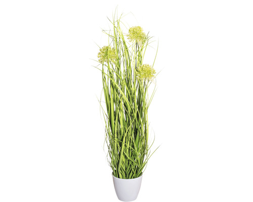 Umělá rostlina tráva s okrasným česnekem zelená cca 60 cm v bílém melaminovém květináči 11 x 10 cm