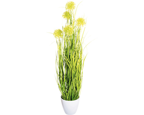 Umělá rostlina tráva s okrasným česnekem zelená cca 80 cm v bílém melaminovém květináči 14 x 13 cm