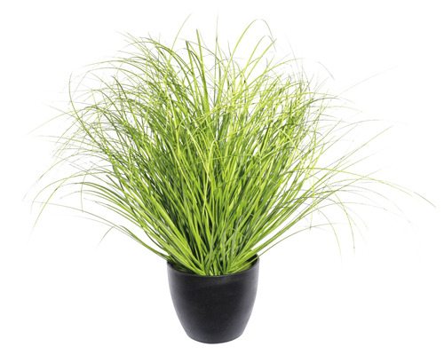 Umělá rostlina travina cca 50 cm Ø 40 cm zelená v černém plastovém květináči 14 x 12,5 cm