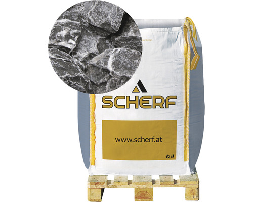 Kamenná drť mramorová 25–50 mm černo-bílá big bag 1000 kg Logo společnosti Scherf. Pytel okrasných kamenů na paletě