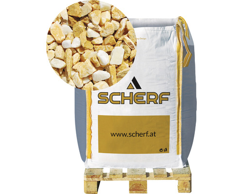 Kamenná drť mramorová 9–12 mm sienská žlutá big bag 1000 kg Pytel okrasného štěrku na paletě, detail štěrku