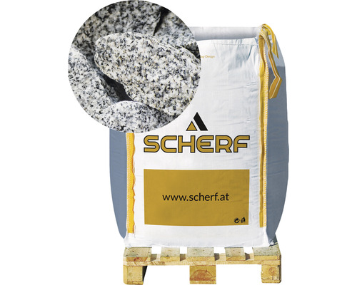 Kamenná drť žulová 80–200 mm sůl a pepř big bag 1000 kg Logo Scherf, pytel okrasného štěrku na paletě