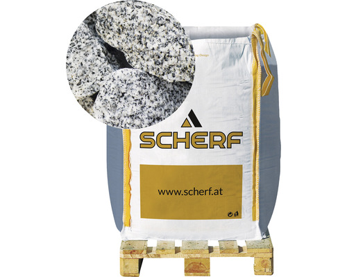 Kamenná drť žulová 50–100 mm sůl a pepř big bag 1000 kg Pytel okrasného štěrku na paletě s detailním záběrem