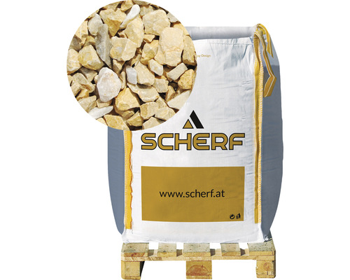 Kamenná drť mramorová 8–12 mm zlatý okr big bag 1000 kg Pytel okrasného štěrku na paletě s detailním pohledem