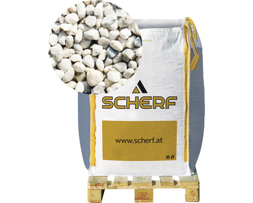Štěrk křemenný 8–16 mm pestrá bílá big bag 1000 kg Pytel s okrasným štěrkem na paletě s detailním záběrem štěrku