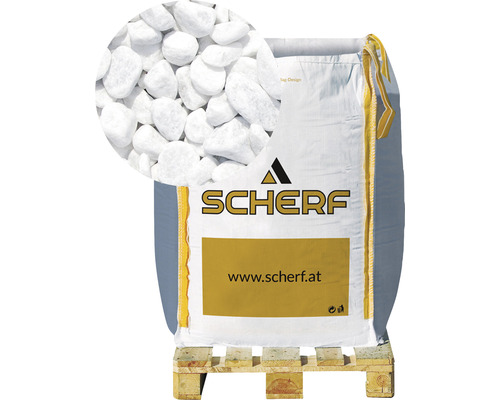 Štěrk mramorový kararský 12–16 mm bílý big bag 1000 kg Pytel s bílými okrasnými oblázky na paletě