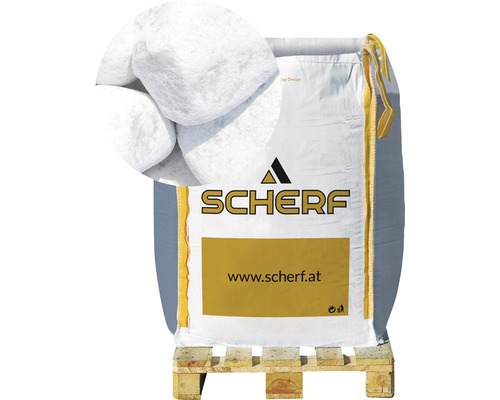 Štěrk mramorový kararský 60–100 mm bílý big bag 1000 kg Pytel s okrasnými oblázky na paletě s logem Schärf