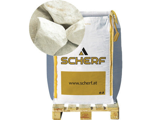 Kamenná drť mramorová kararská 60–140 mm bílá big bag 1000 kg Vak s okrasným štěrkem na paletě, detailní záběr kamenů