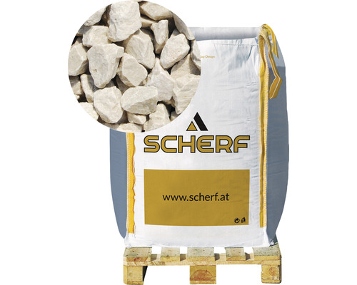 Kamenná drť mramorová 16–25 mm zámecká béžová big bag 1000 kg Pytel s okrasným štěrkem na paletě, detail okrasného štěrku