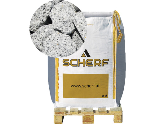 Kamenná drť žulová 25–50 mm sůl a pepř big bag 1000 kg Logo Scherf, pytel s okrasným štěrkem na paletě