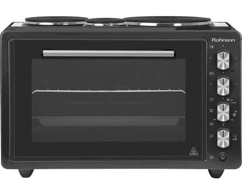 Logo Rohnson na černé mini troubě s varnými deskami