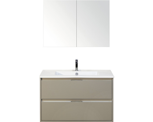 Koupelnový nábytkový set Sanox Porto barva čela oblázkově šedá ŠxVxH 91 x 150 x 51 cm s keramickým umyvadlem a zrcadlovou skříňkou