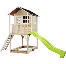 Dětský dřevěný hrací domek se skluzavkou, pískovištěm a žebříkem